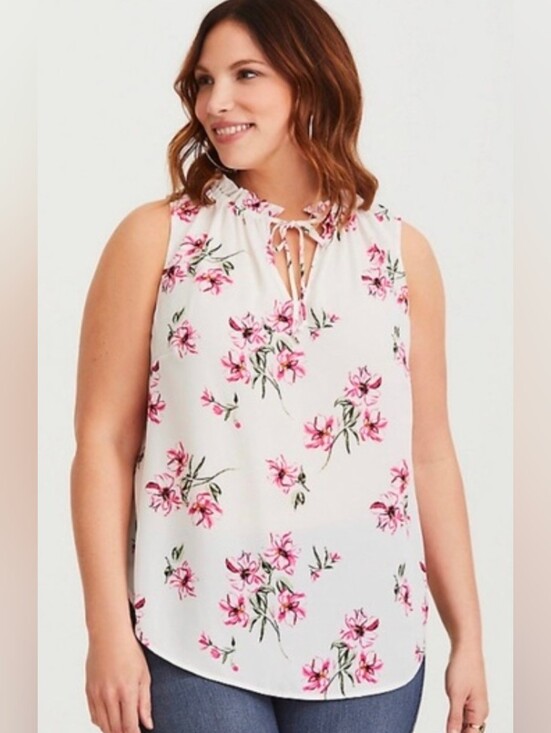 torrid Tops - torrid White Floral Ruffle Tie-Front Sleeveless Top